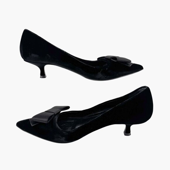 Prada Pointed Toe Bow Kitten Pumps Size 37 US 7 Black Velvet Low Heel Formal - Picture 10 of 14